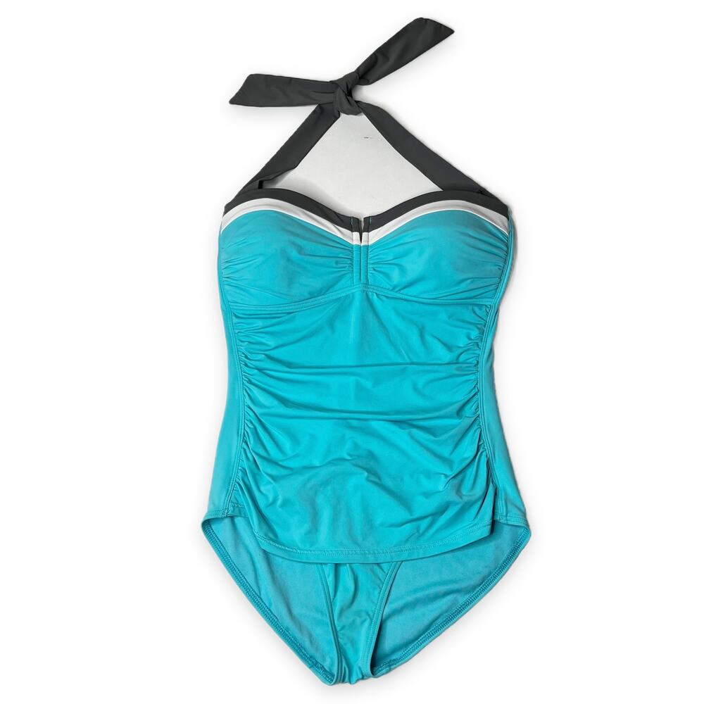 Tommy Bahama Halter One-Piece Shirred Swimsuit Capri Blue/Deck Gray size 10 - Picture 3 of 9